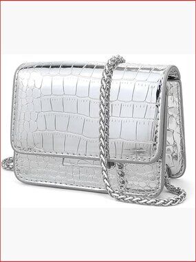 Mini Metallic Crossbody Bag with Chain Strap, Croc Texture Evening Purse